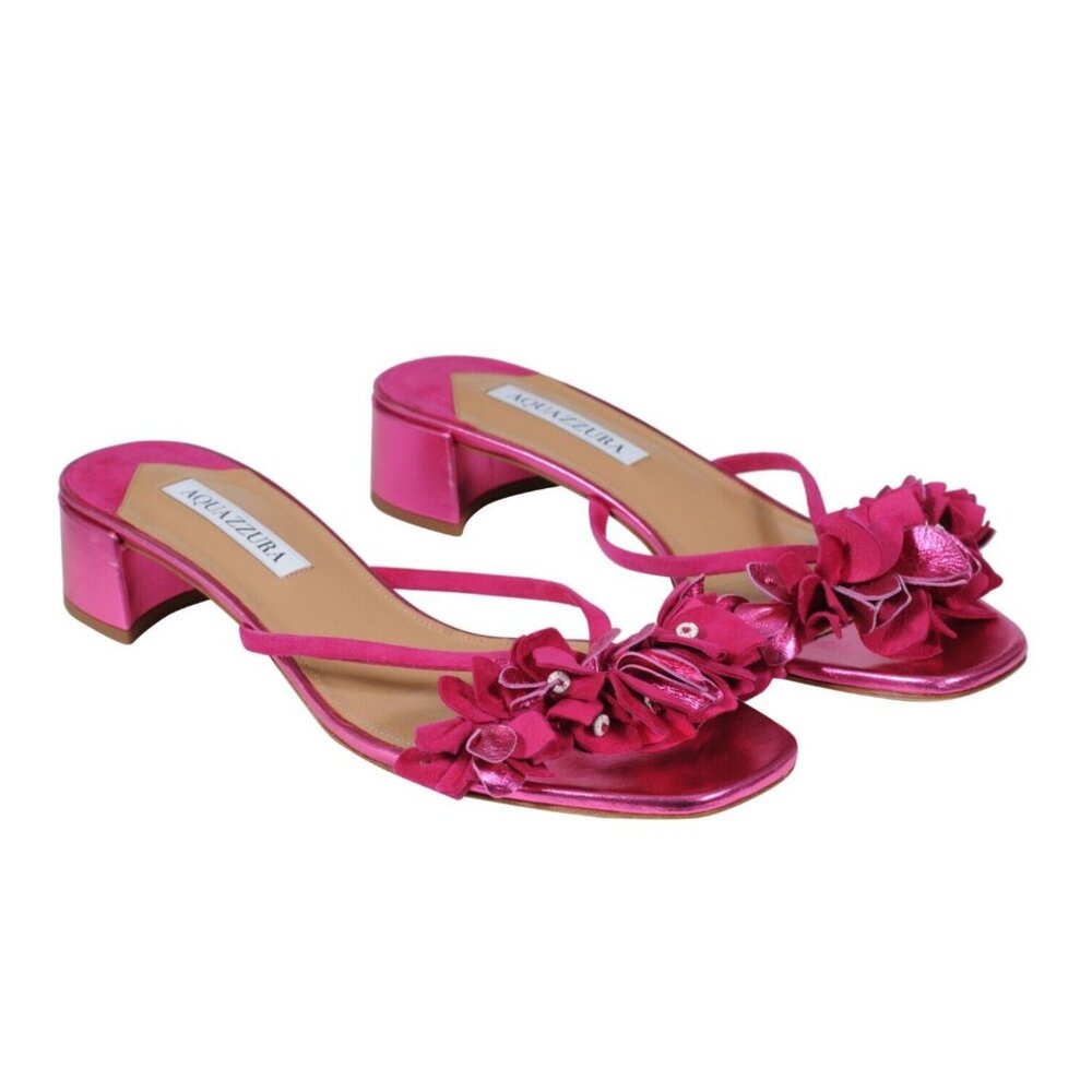Aquazzura Women Metallic Floral Leather Sandals US9.5 EU39.5 Fuchsia Pink Mules